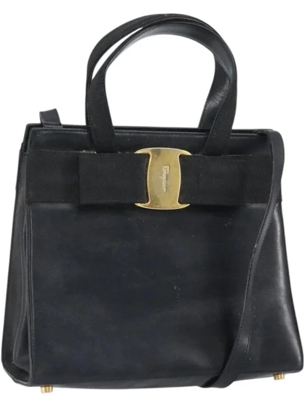 Salvatore Ferragamo Vala Hand Bag Leather 2way Black Gold Auth 161693